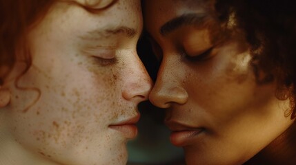 Forehead Touch Depict a closeup of a samesex couple gently touching foreheads, their eyes locked in a loving gaze, with expressions of warmth and affection radiating from their faces ,4k - obrazy, fototapety, plakaty