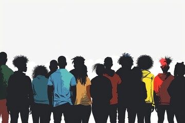 Silhouette of Diverse Group of People Seen from Behind, Standing Together Against White Background, vector illustration