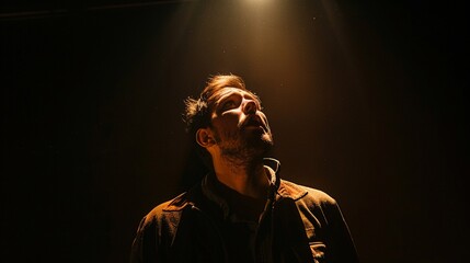 Fototapeta premium Spotlight Surprise Capture the surprised man illuminated by a spotlight against a dark black background, highlighting his astonishment and creating a sense of theatricality and suspense ,high detailed
