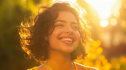 Golden Sunshine Capture the woman with a radiant smile against a bright yellow background, reminiscent of warm sunshine 