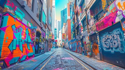 A colorful alley in the city, adorned with vibrant graffiti on each side, showcasing urban street...