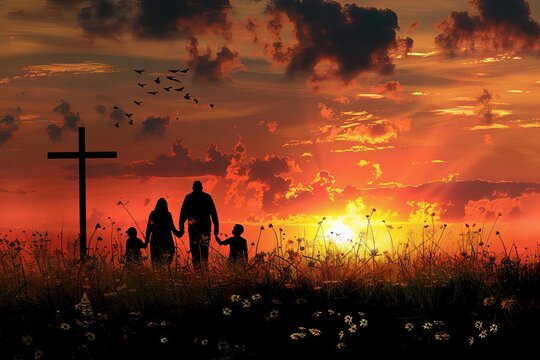 Silhouette of family walking towards vibrant sunset, Christian faith and togetherness, vector illustration