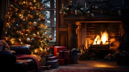 Chimenea encendida con fuego en una habitación acogedora decorada de navidad con un hermoso pino navideño. Creado con IA
