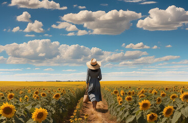 一面のひまわり畑に麦わら帽子の女性、後ろ姿