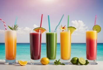 Tropical cocktail smoothies set on minimal pastel background colorful background