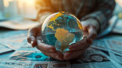 Close view of hands holding a globe over financial newspapers, symbolizing global economic challenges ,high detailed