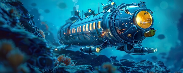 Retro-futuristic deep-sea expedition, exploring ancient wrecks and coral reefs, guided by dark matter sensors - obrazy, fototapety, plakaty