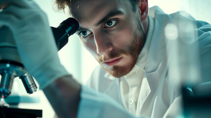 scientist looking at a microscope