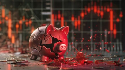 Tight shot on a shattered piggy bank with a financial crisis chart behind, illustrating loss and despair ,high resolution - obrazy, fototapety, plakaty