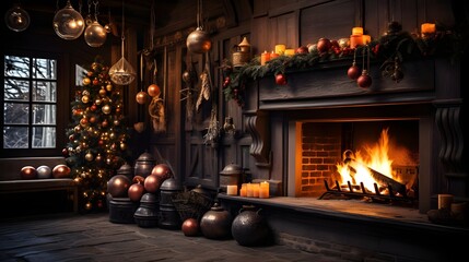 Chimenea encendida con fuego en una sala de estar acogedora decorada de navidad con un hermoso pino navideño. Creado con IA