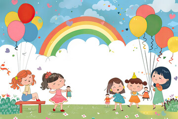 Obraz na płótnie Canvas Happy Children's Day greeting card. Cartoon children in the park, festive background. Generative AI.