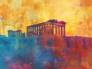 Vibrant abstract art blending with Acropolis silhouettes, warm vintage palette