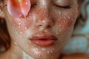 A close-up of the clean skin of a young woman with a rose and water droplets on her face. The Clean girl trend