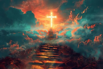 Stairway to heaven leading to glowing cross, spiritual journey to salvation and enlightenment, digital illustration - obrazy, fototapety, plakaty