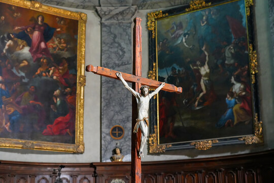 Crucifix in the Collegiate Church of Our Lady and Saint Nicholas of BrianÃ§on in the fortified old town built by Vauban in the French Alps