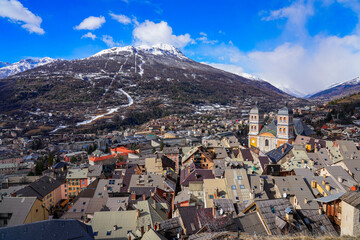 Aerial view of the Collegiate Church of Our Lady and Saint Nicholas of Briançon in the fortified...