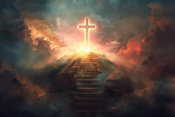 Fotobehang Stairway to heaven leading to glowing cross, spiritual journey to salvation and enlightenment, digital illustration © furyon