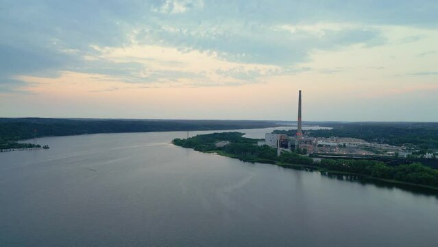 Drone shot of the Lake CHPP-2 Reservoir in the Industrial District of Smolensk region at sunset