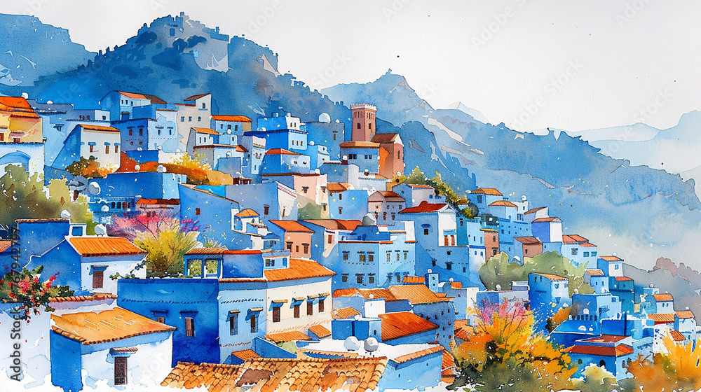 Poster watercolor illustration of morocco