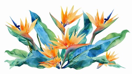 Watercolor bird of paradise clipart featuring exotic orange and blue flowers ,high resolution - obrazy, fototapety, plakaty