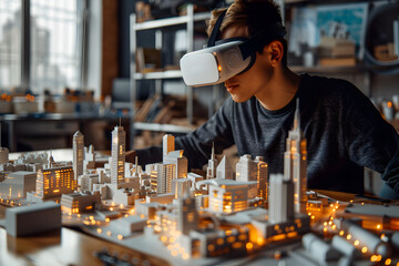 An architect wearing VR glasses designs a city of the future