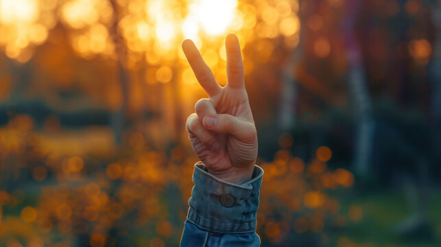 Close-up of a man's hand raising two fingers up, symbol of victory, background image. Copy space. Blurred street background, bokeh