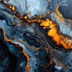 Abstract liquid acrylic painting, gold veins on black background