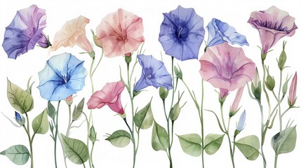 Watercolor morning glory clipart with trumpetshaped flowers in various colors ,soft shadowns