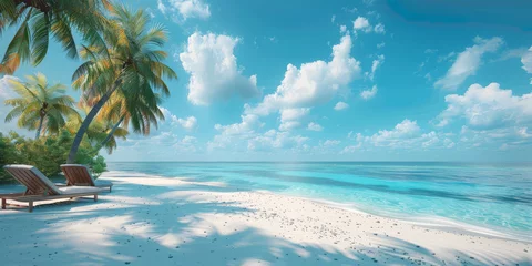 Foto op Plexiglas Beautiful beach with palm trees and sunbeds or chairs on the white sand on blue sky background,  vacation banner ,copy space © Planetz