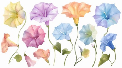 Watercolor morning glory clipart with trumpetshaped flowers in various colors ,soft shadowns
