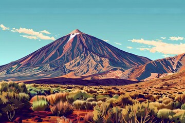 Teide National Park landscape with volcanic mountains, Tenerife, Canary Islands, travel illustration - obrazy, fototapety, plakaty