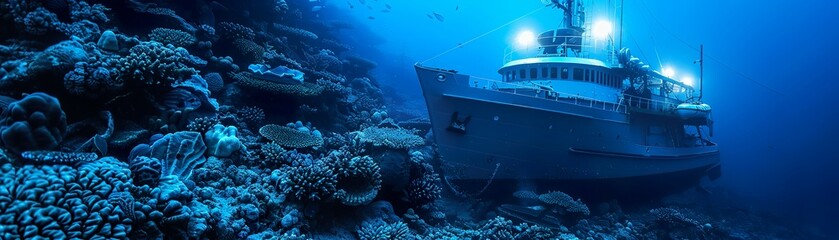 Vintage oceanographic vessel above a coral reef, launching probes into dark matter anomalies underwater - obrazy, fototapety, plakaty