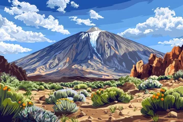 Fotobehang Teide National Park landscape with volcanic mountains, Tenerife, Canary Islands, travel illustration © furyon