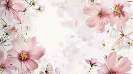 Watercolor cosmos clipart with delicate pink and white flowers ,close-up