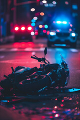 Damaged motorcycle lay on asphalt road, traffic rules violation. Police car with flashing lights in the background - obrazy, fototapety, plakaty