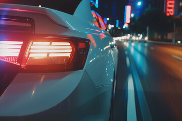 Rear view of modern car on the street. Night scene. Motion blur.