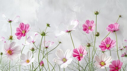 Watercolor cosmos clipart with delicate pink and white flowers ,close-up