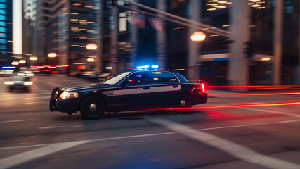 Police car in motion blur with flashing lights on city street at night - obrazy, fototapety, plakaty