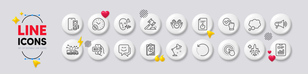 Loan percent, Truck delivery and Report document line icons. White buttons 3d icons. Pack of Approved document, Bid offer, Talk bubble icon. Megaphone, Report, Phone pay pictogram. Vector