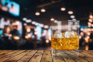 Whiskey alcohol drink with ice cubes glass