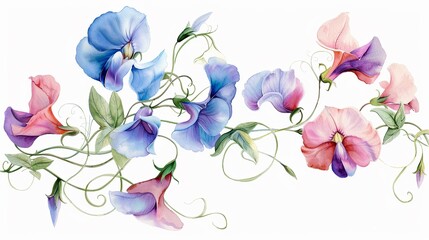 Watercolor sweet pea clipart with pastelcolored blooms and curly tendrils ,clean sharp focus - obrazy, fototapety, plakaty