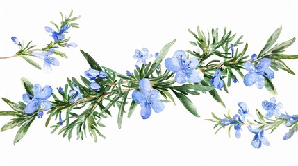Obraz na płótnie Canvas Watercolor rosemary clipart featuring delicate blue flowers and green foliage , photographic style