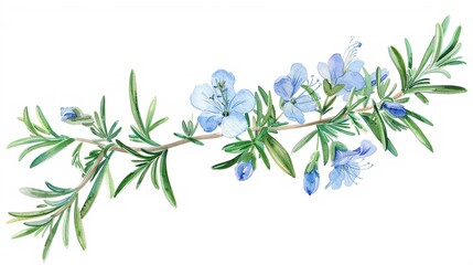 Watercolor rosemary clipart featuring delicate blue flowers and green foliage , photographic style