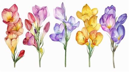 Watercolor freesia clipart with fragrant blooms in various colors ,clean sharp focus - obrazy, fototapety, plakaty