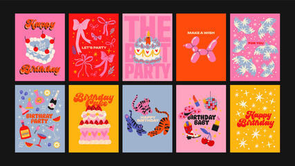 Happy Birthday cards in cartoon retro 90s style. Minimalist cards. Celebration congratulations posters with cakes and sweets. Vector bright template for party, event.