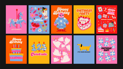 Happy Birthday cards in cartoon retro 90s style. Minimalist cards. Celebration congratulations posters with cakes and sweets. Vector bright template for party, event.