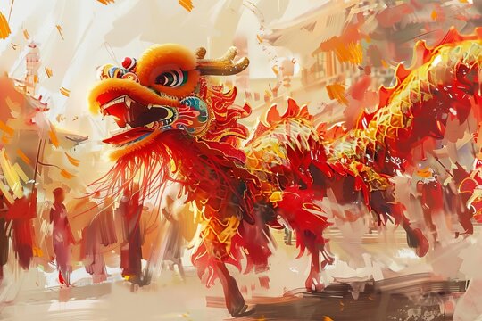 Vibrant Chinese dragon dance performance with traditional red and gold costumes, digital painting