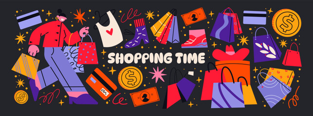 Cartoon shopping stickers in 90s retro groovy style. Collection of various patches, labels, tags, stickers, stamps for shopping and packaging. Hippie mascot characters and shopping packages discounts