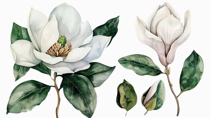 Watercolor magnolia clipart with large white petals and green leaves ,high resolution