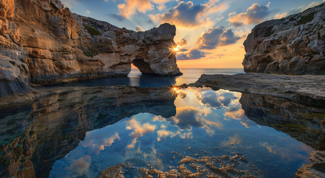 Photo of the natural arch in Malta, near Gozo Island at sunset. The arch is blue with rock formations and a water pool below it. The arch is at sea level, with a view from top to bottom